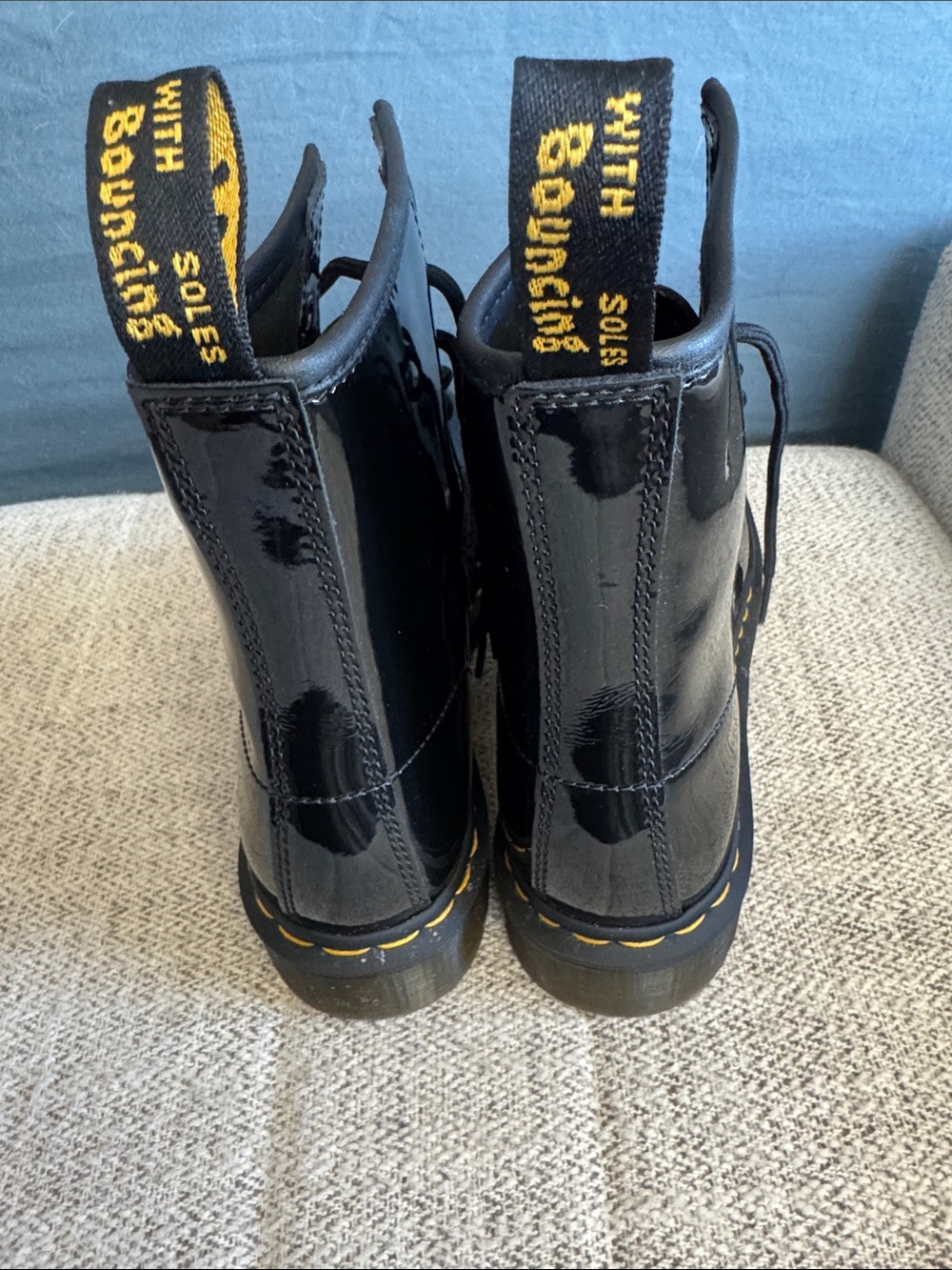 Dr. Martens Black Patent Lace-Up Combat Boots with Yellow Stitching